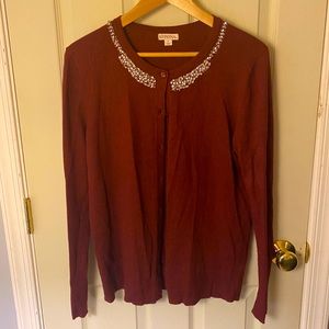 MERONA: Maroon Sliver beaded neckline Cardigan
